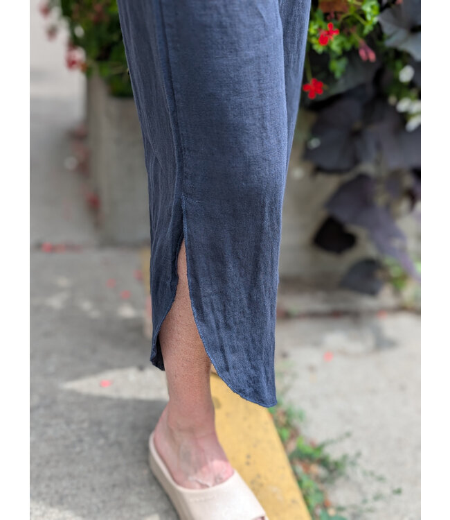 Elastic Waistband Linen Pants w/Side Slits - Navy