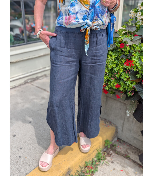Elastic Waistband Linen Pants w/Side Slits - Navy