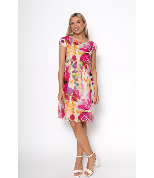 Cap Sleeve Linen Dress w/Elastic Waist - Fuxia