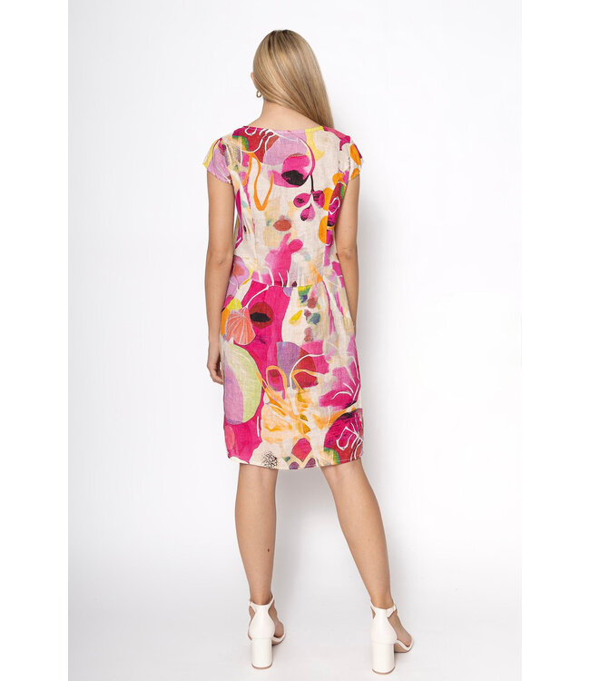 Cap Sleeve Linen Dress w/Elastic Waist - Fuxia