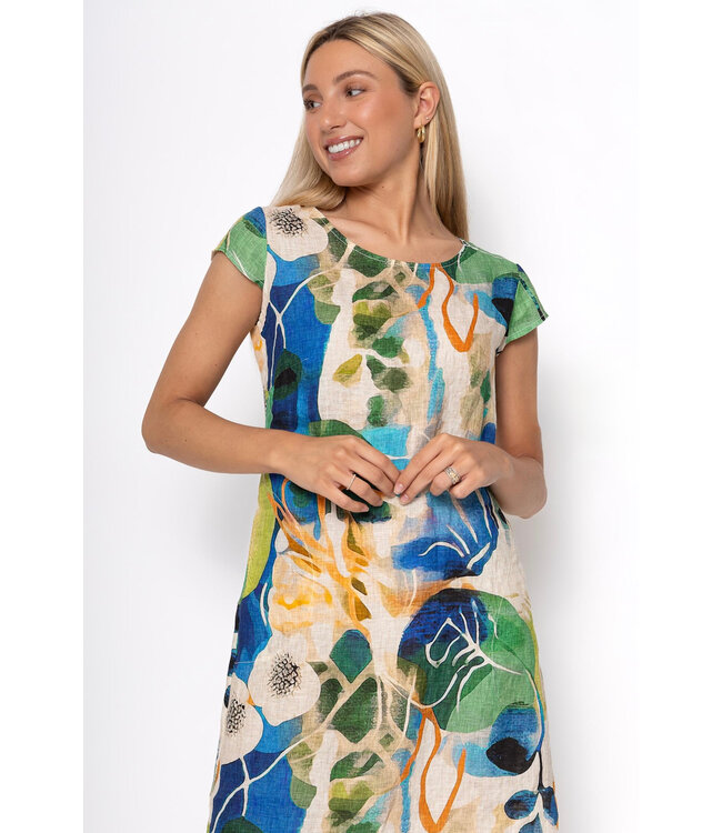 Cap Sleeve Linen Dress w/Elastic Waist - Royal