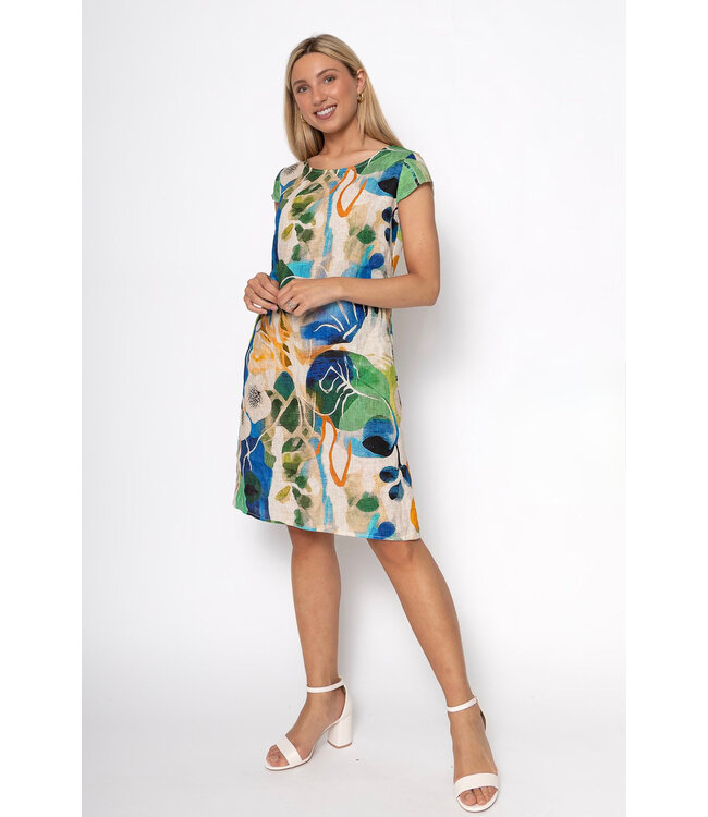 Cap Sleeve Linen Dress w/Elastic Waist - Royal