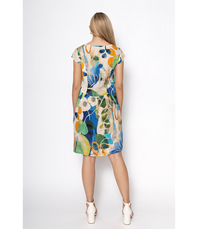 Cap Sleeve Linen Dress w/Elastic Waist - Royal