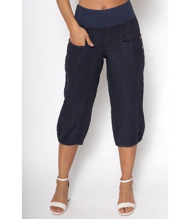 Linen Capri w/ Button Pocket - Navy