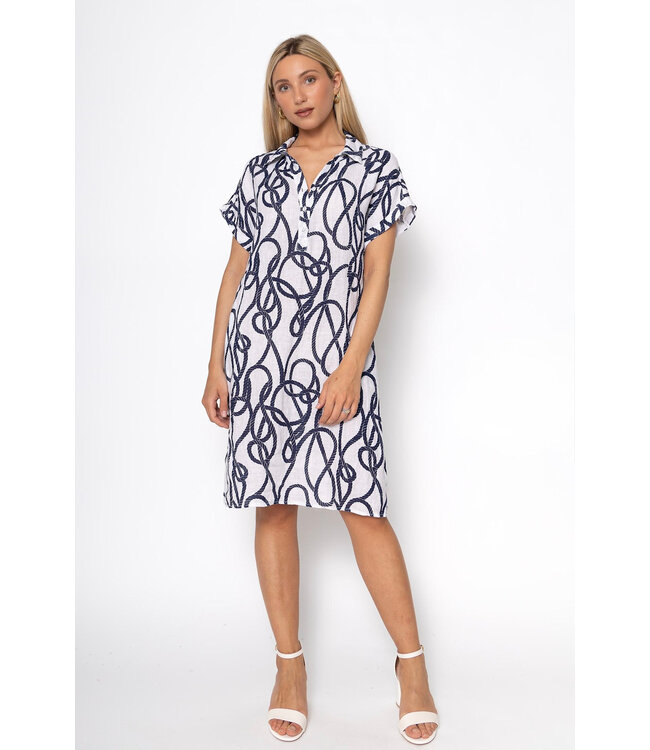 Linen Shirt Dress w/ Rope Pattern - Bianco