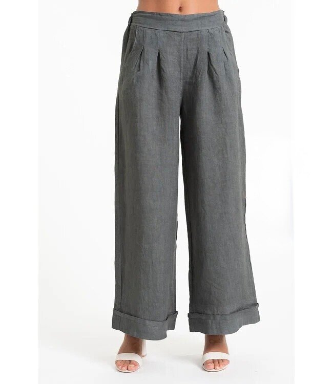 Wide Leg Cuffed Linen Pants - Topo
