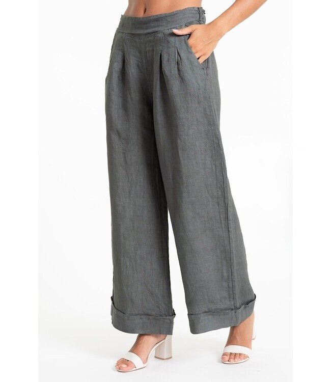 Wide Leg Cuffed Linen Pants - Topo