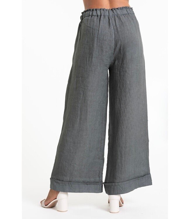 Wide Leg Cuffed Linen Pants - Topo