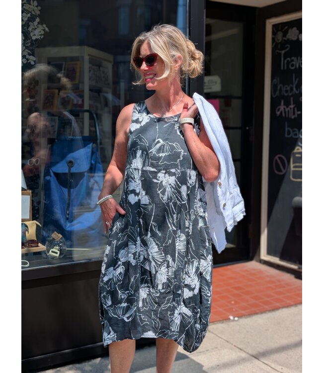 Sleeveless Floral Linen Balloon Dress - Dark Slate