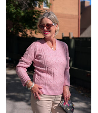 Point Zero Cableknit V-Neck Sweater - Pink
