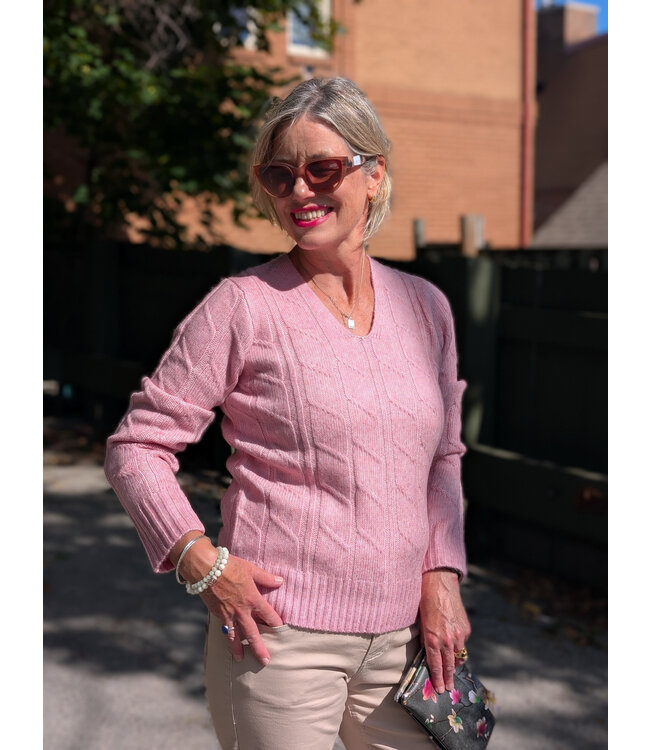 Point Zero Cableknit V-Neck Sweater - Pink