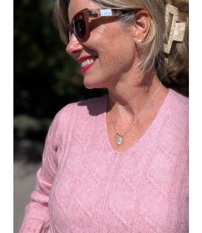 Point Zero Cableknit V-Neck Sweater - Pink