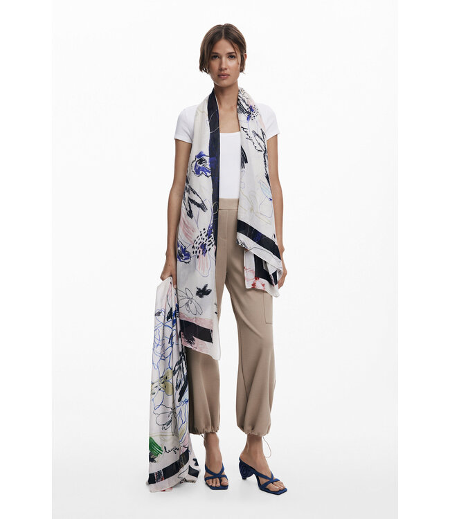 Desigual Hand-Drawn Floral Scarf - White