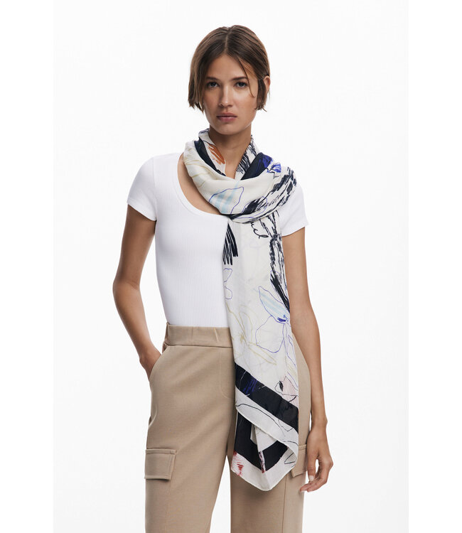 Desigual Hand-Drawn Floral Scarf - White
