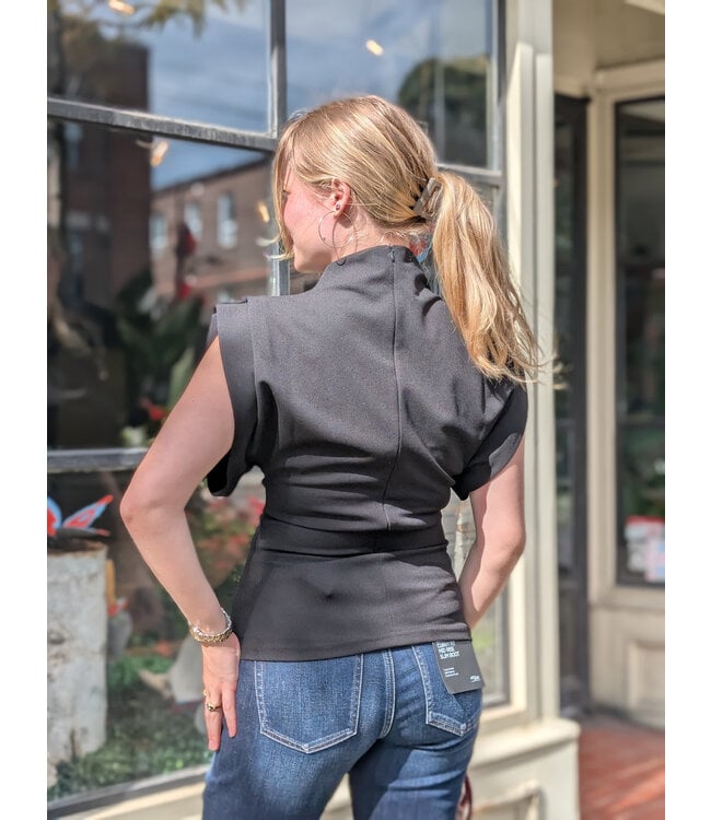 Astrid Mock Neck Gathered Sleeve Top - Black