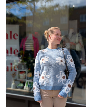 Point Zero Fuzzy Floral Knit Sweater - Blue