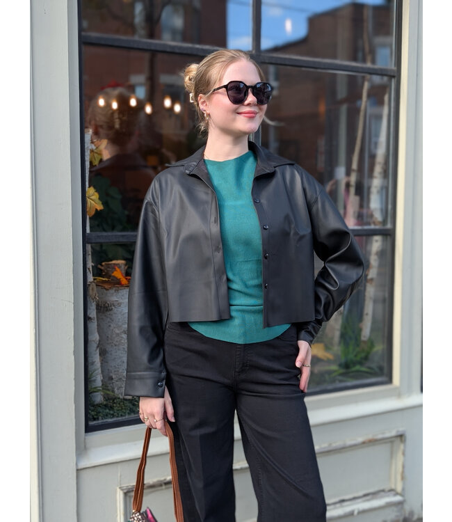 Astrid Cropped Leather Button Down - Black