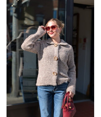 Point Zero Floral Button Knit Cardi Jacket - Beige