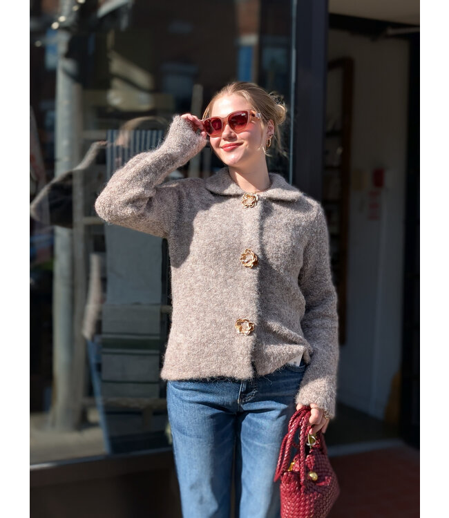 Point Zero Floral Button Knit Cardi Jacket - Beige