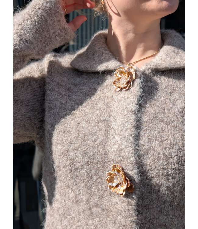 Point Zero Floral Button Knit Cardi Jacket - Beige