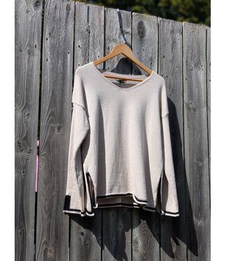V-Neck Sweater w/Side Slits - Beige