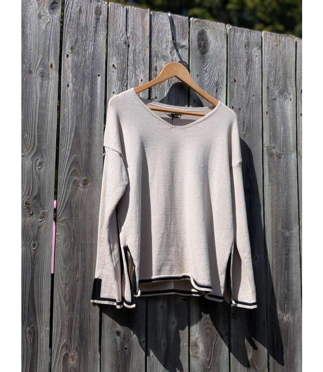 V-Neck Sweater w/Side Slits - Beige