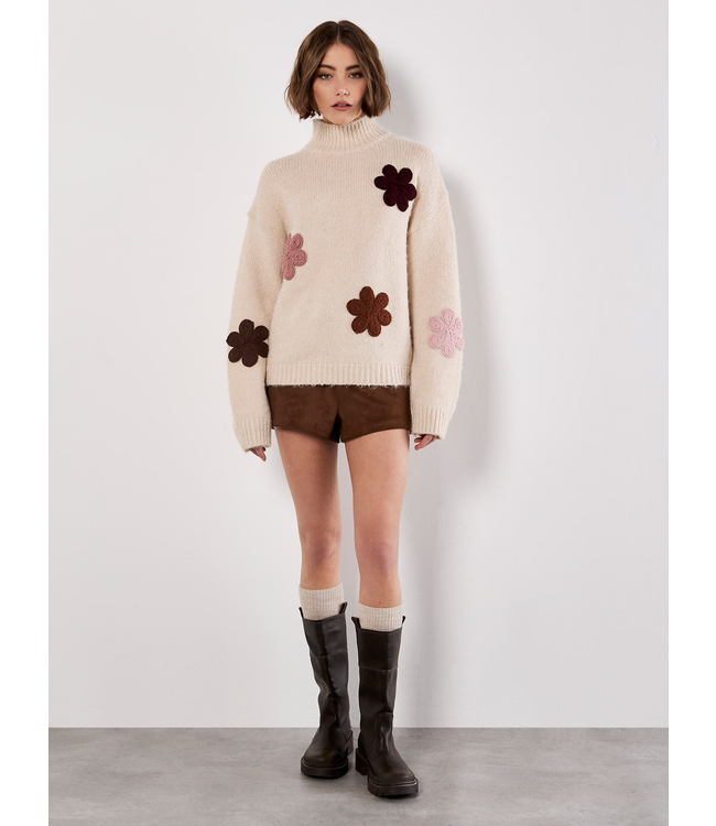 Apricot Embroidered Flower Mock Neck Jumper - Stone