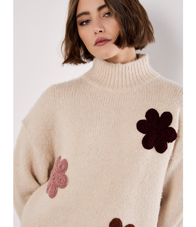 Apricot Embroidered Flower Mock Neck Jumper - Stone