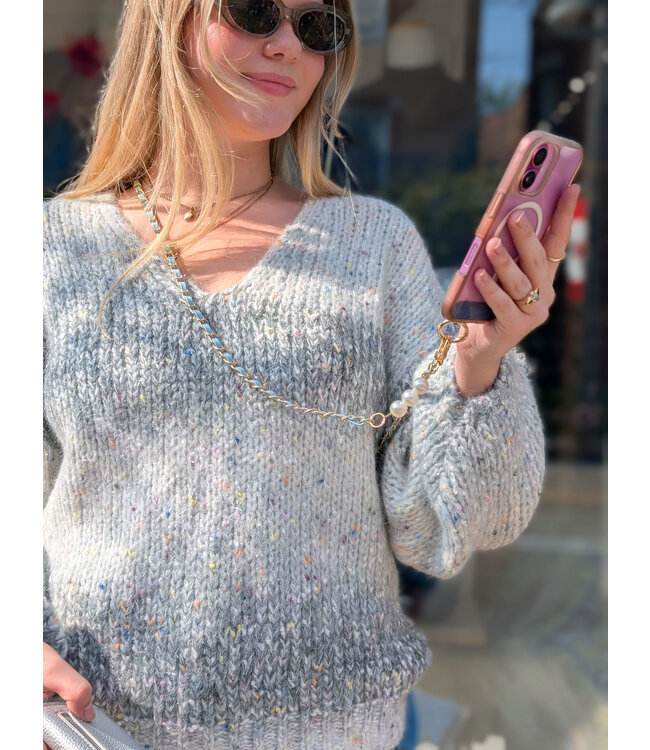 Apricot Tinsel Fleck V-Neck Fisherman Jumper - Grey