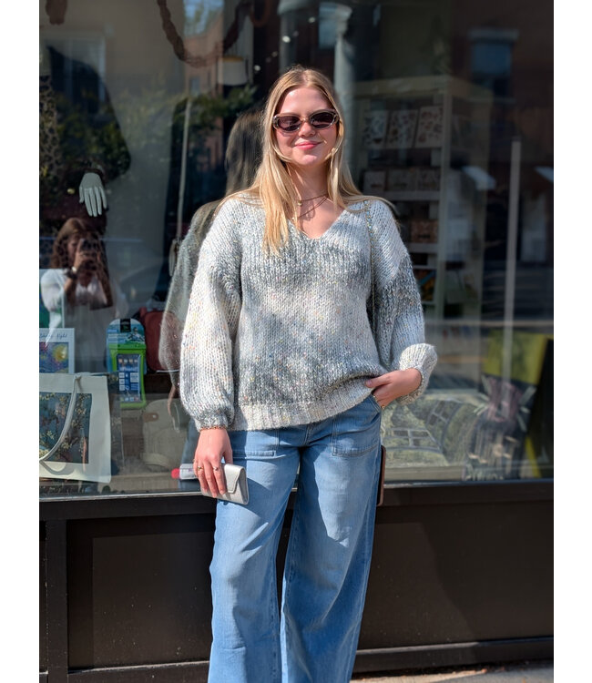 Apricot Tinsel Fleck V-Neck Fisherman Jumper - Grey