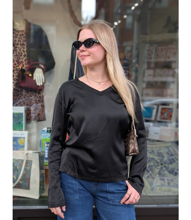 Astrid Sateen V-Neck Long Sleeve - Black