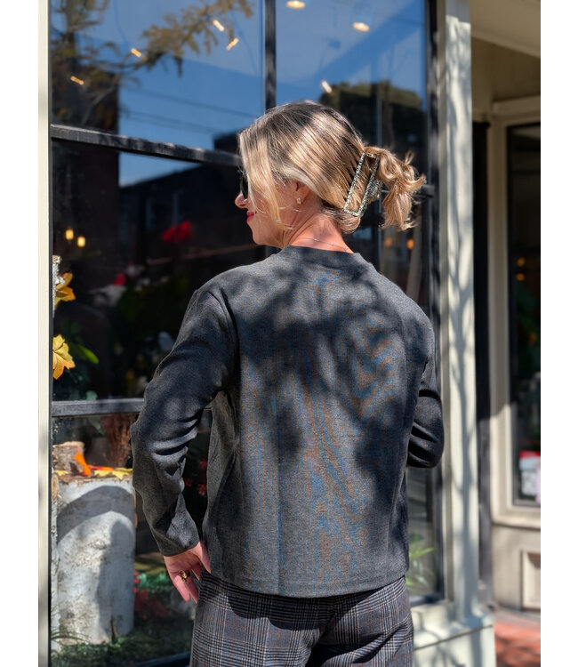 Fransa Relaxed Long Sleeve Top - Grey Pinstripe