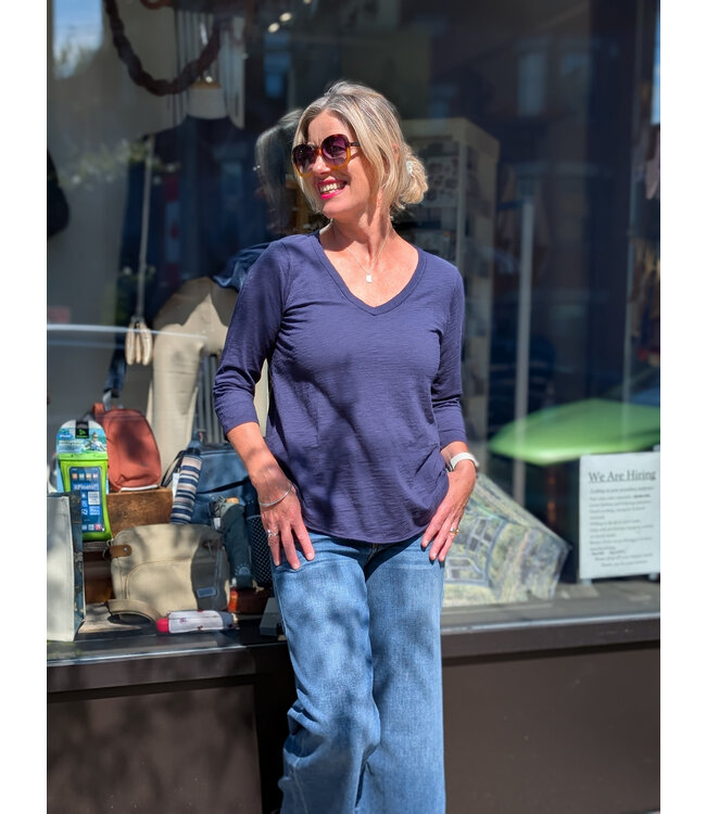 Mododoc 3/4 Sleeve V-Neck Tee w/Raw Hem - Vibrant Navy