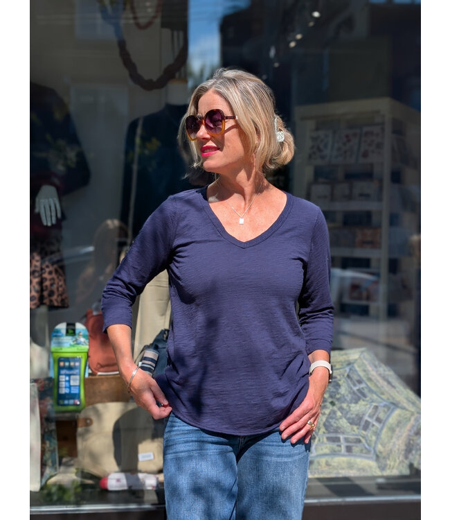 Mododoc 3/4 Sleeve V-Neck Tee w/Raw Hem - Vibrant Navy