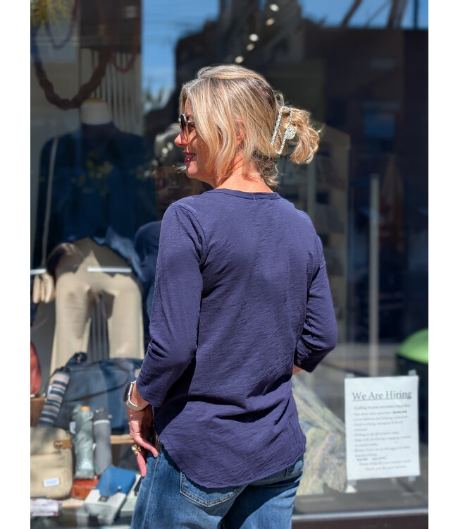 Mododoc 3/4 Sleeve V-Neck Tee w/Raw Hem - Vibrant Navy