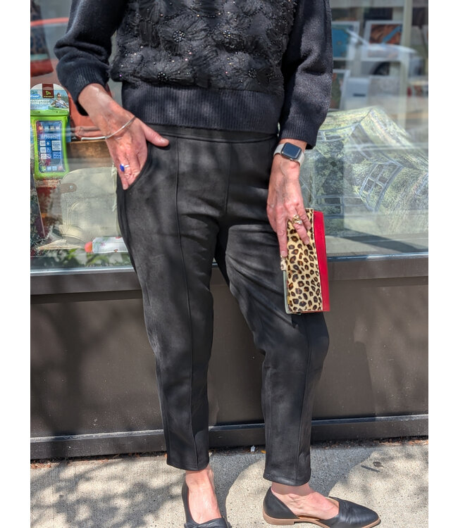 Faux Suede Pull-on Pants - Black