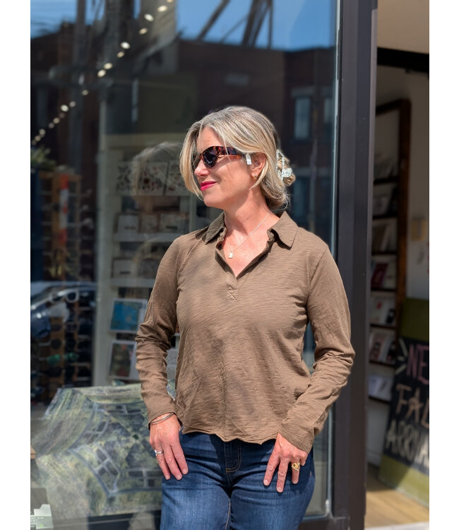 Mododoc Hi-Lo Long Sleeve Polo w/Raw Hem - Fern