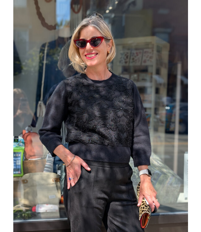 Astrid Mesh/Beaded Knit Sweater - Black