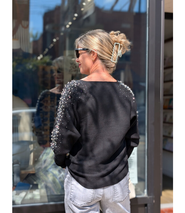 Apricot Pearls Stud Gem Batwing Jumper - Black