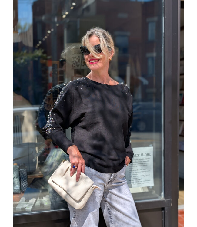 Apricot Pearls Stud Gem Batwing Jumper - Black