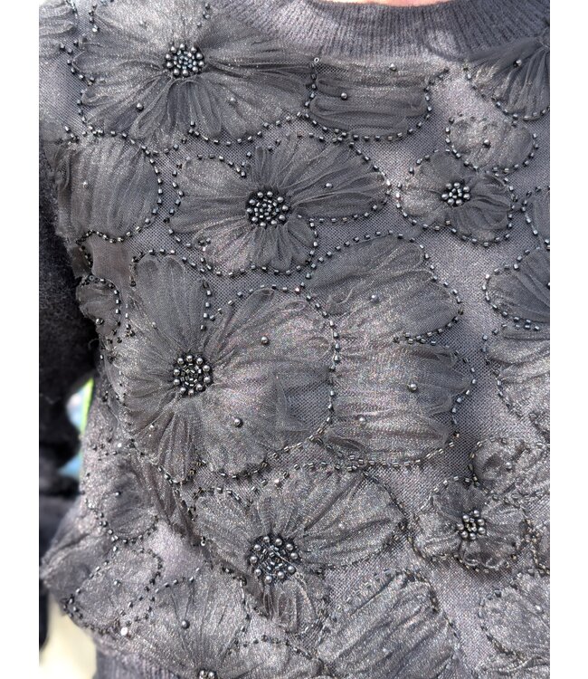 Astrid Mesh/Beaded Knit Sweater - Black