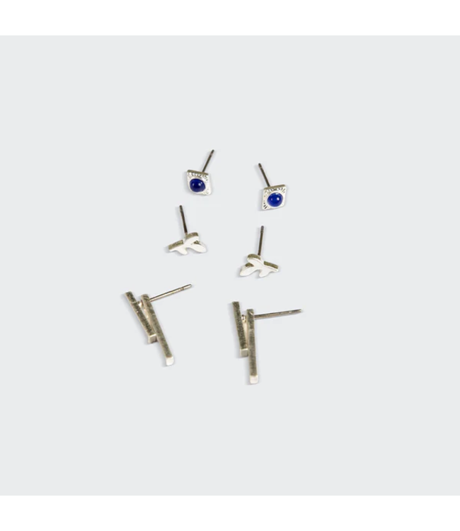 Scout Stud Trio Earring Jacket Set - Lapis / Leaf / Silver