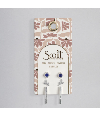 Scout Stud Trio Earring Jacket Set - Lapis / Leaf / Silver