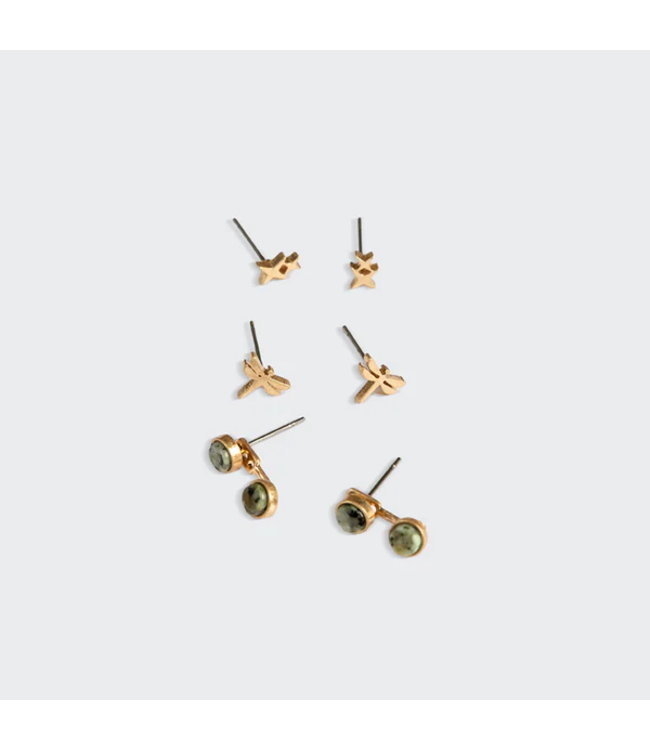 Scout Stud Trio Earring Jacket Set - Dragonfly / African Turquoise / Gold