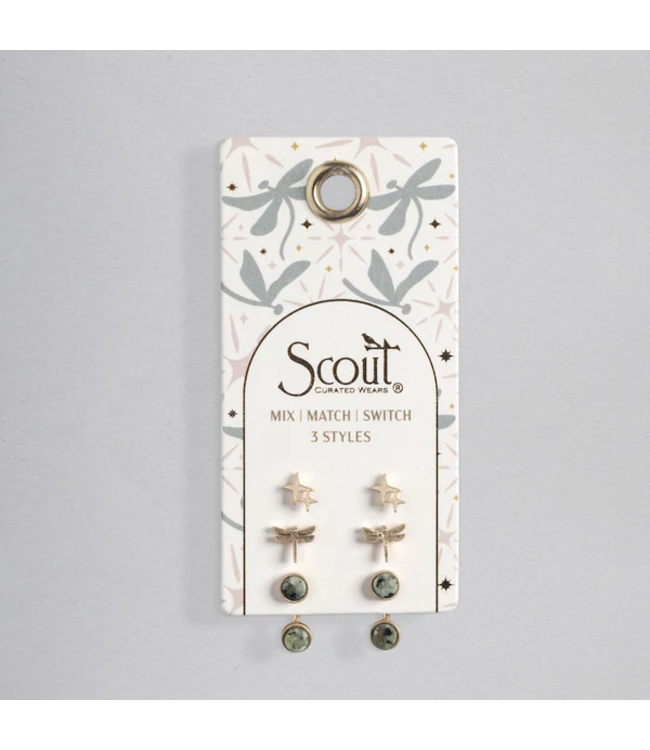 Scout Stud Trio Earring Jacket Set - Dragonfly / African Turquoise / Gold