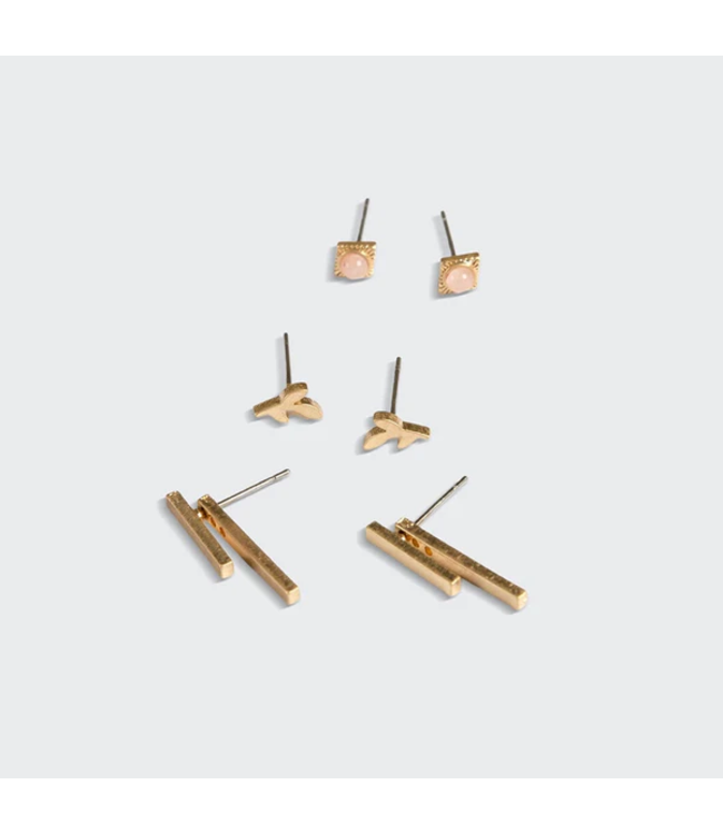 Scout Stud Trio Earring Jacket Set - Rose Quartz / Leaf / Gold