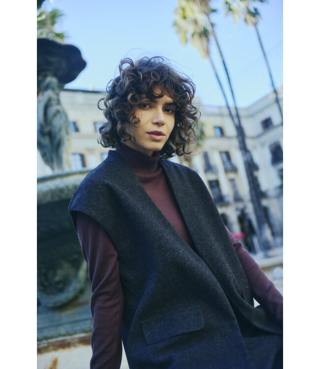 Fransa Open Front Blazer Vest - Charcoal