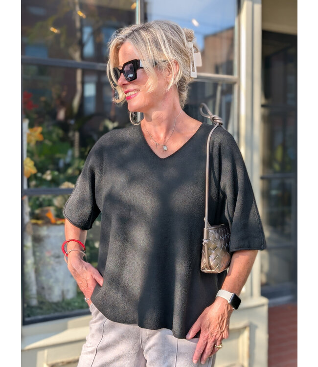 3/4 Sleeve Wide Knit Sweater - Black