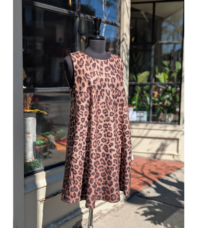 Leopard Print Sleeveless Dress - Camel