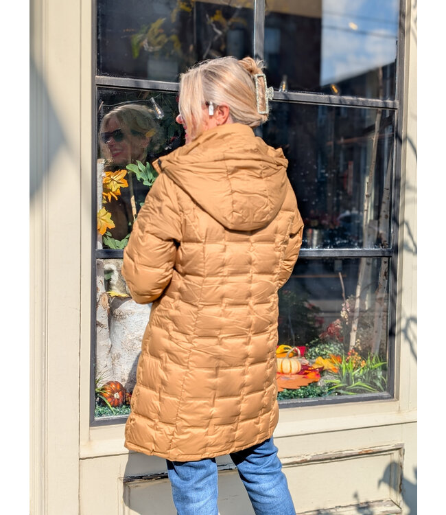 Quilted Long Puffer Coat - Caramel